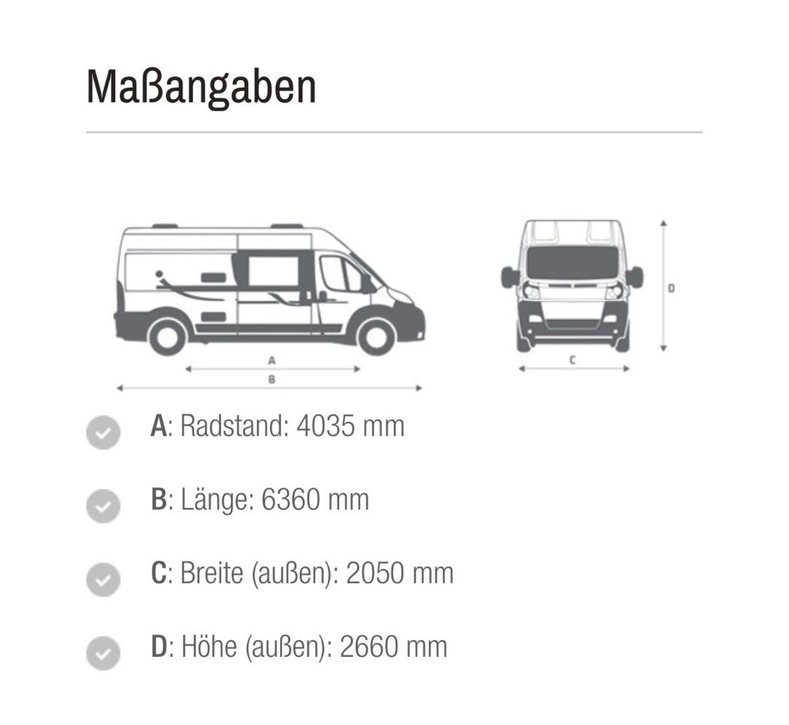 Diagramm mit Maßangaben eines Campingbusses, einschließlich Länge, Breite, Höhe und Radstand.