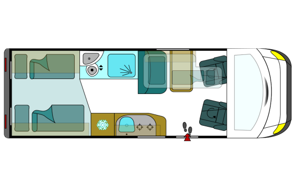 Grundriss eines Wohnmobils mit Schlafbereichen, Küche, Bad und Sitzgelegenheiten.
